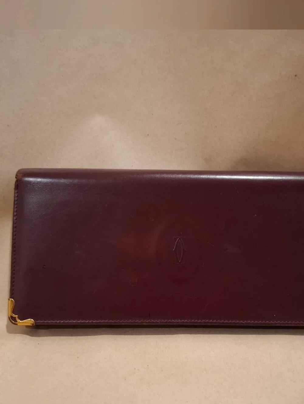Cartier Men's Leather Clutch Wallet - Wine Brown with Gold Accent